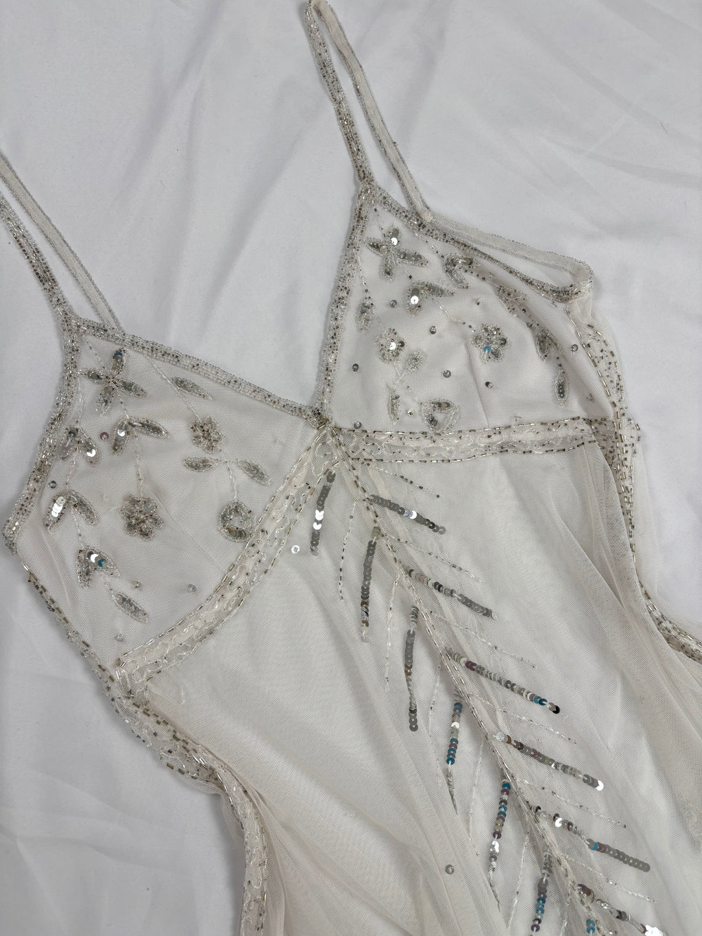 White beaded sheer asymmetrical fairy cami