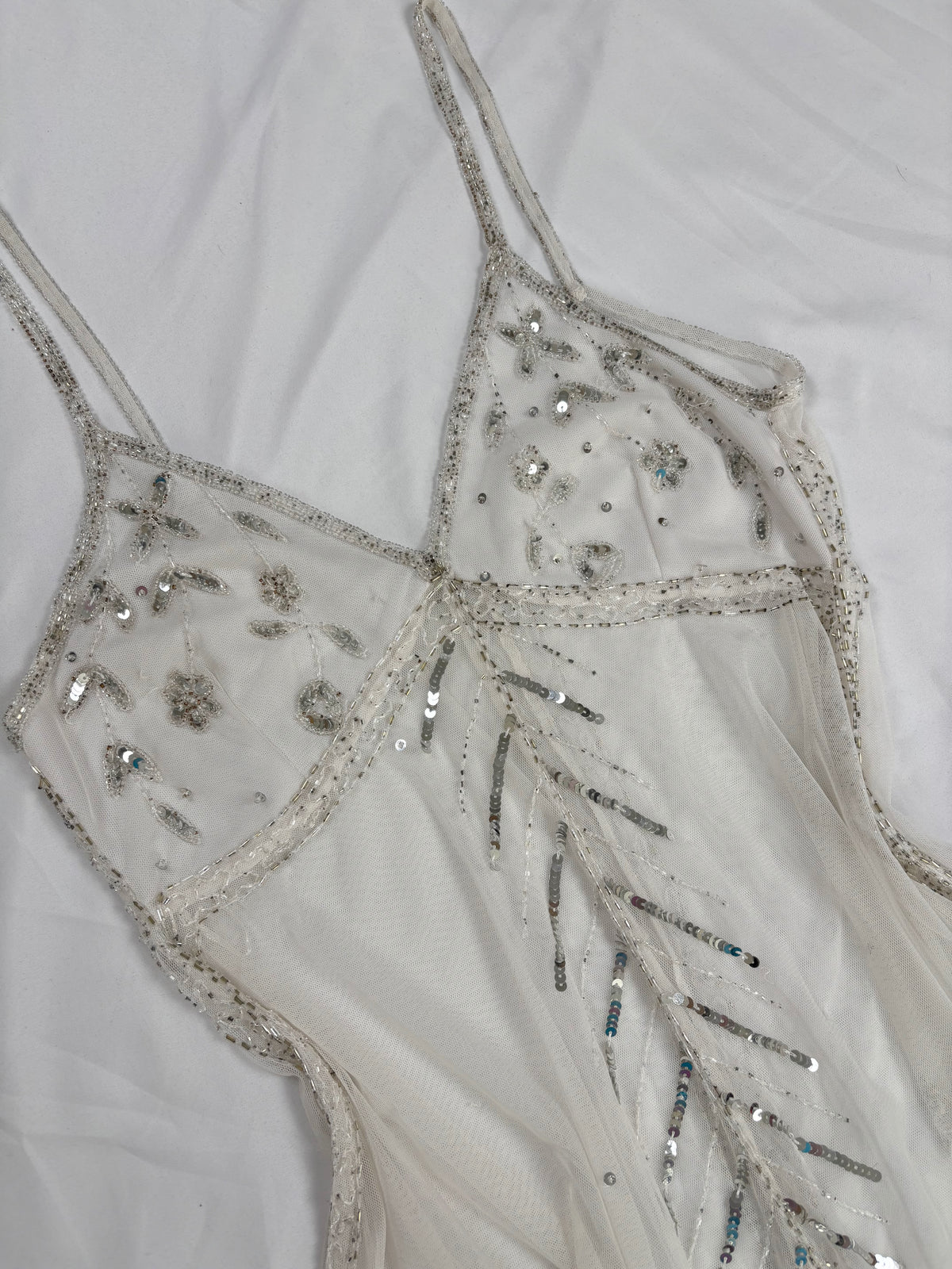 White beaded sheer asymmetrical fairy cami