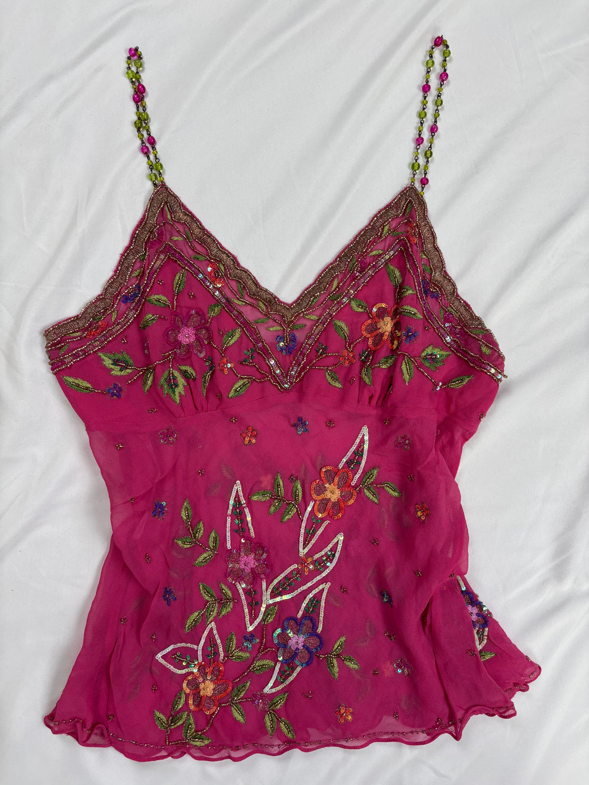 Hot pink sheer embellished aftershock silk cami with beaded straps