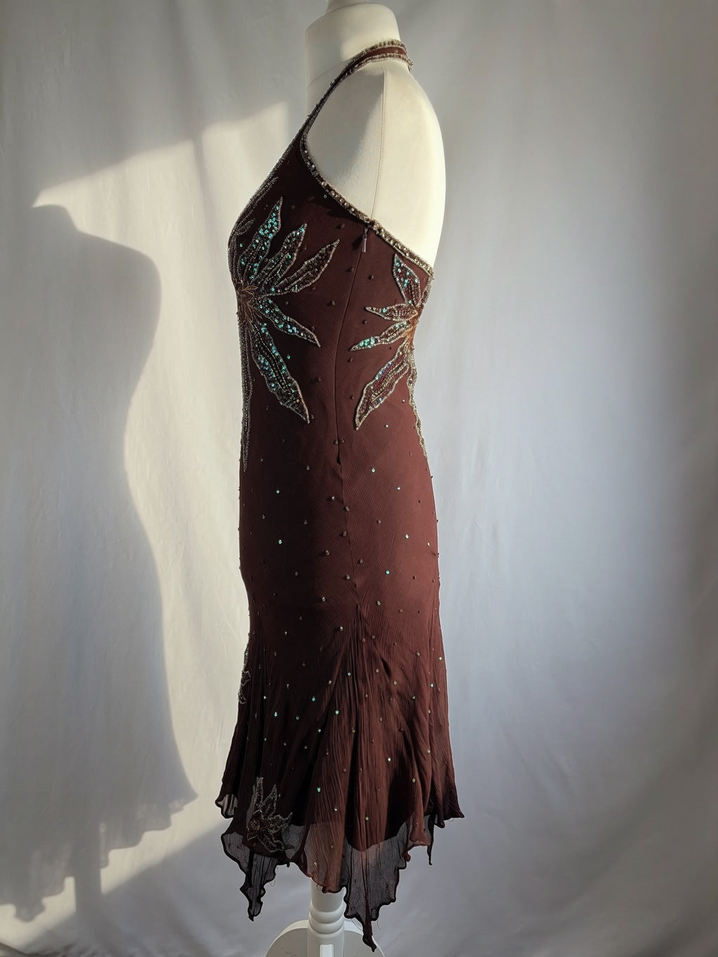 Brown aftershock silk midi dress embellished with sequins