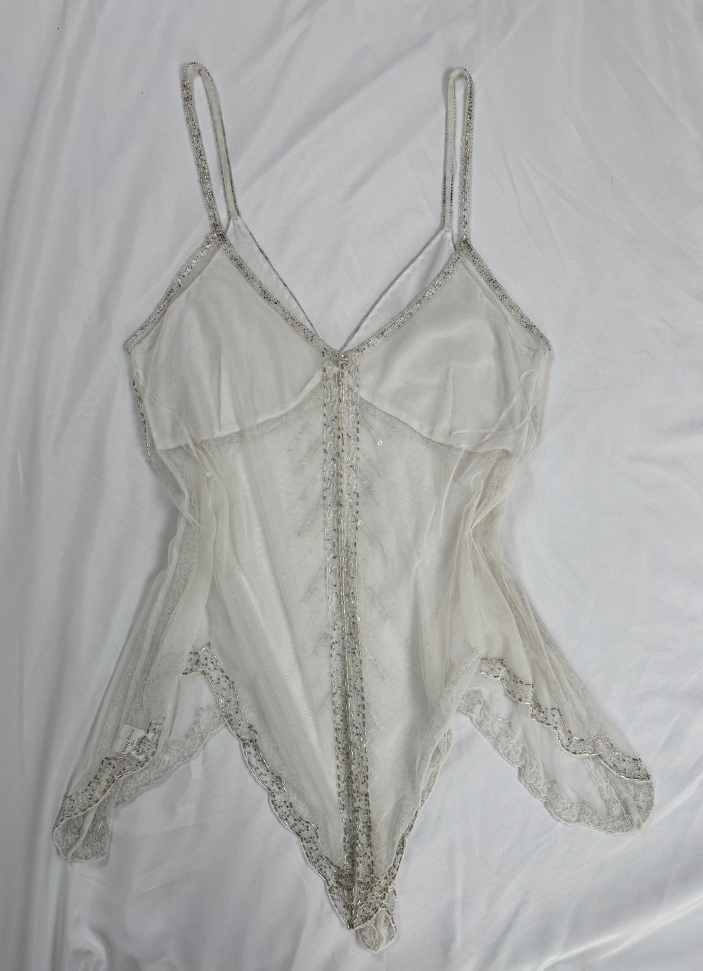 White beaded sheer asymmetrical fairy cami