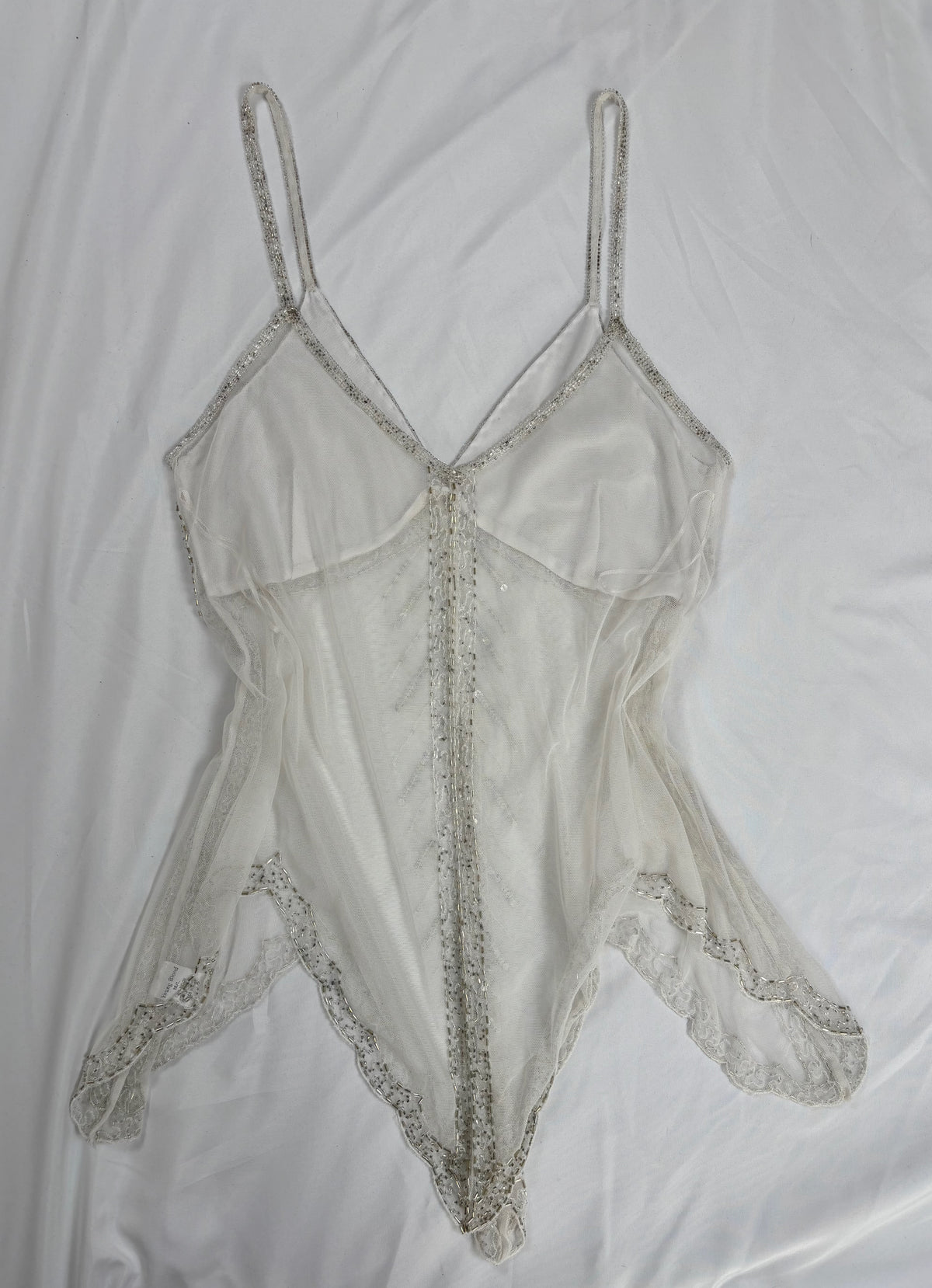 White beaded sheer asymmetrical fairy cami