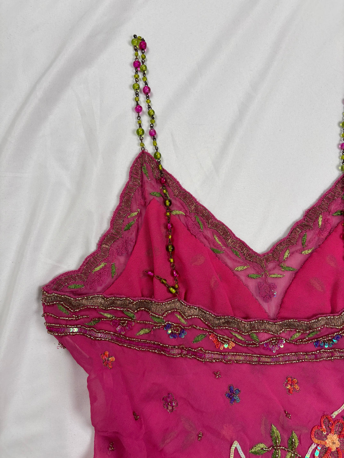 Hot pink sheer embellished aftershock silk cami with beaded straps