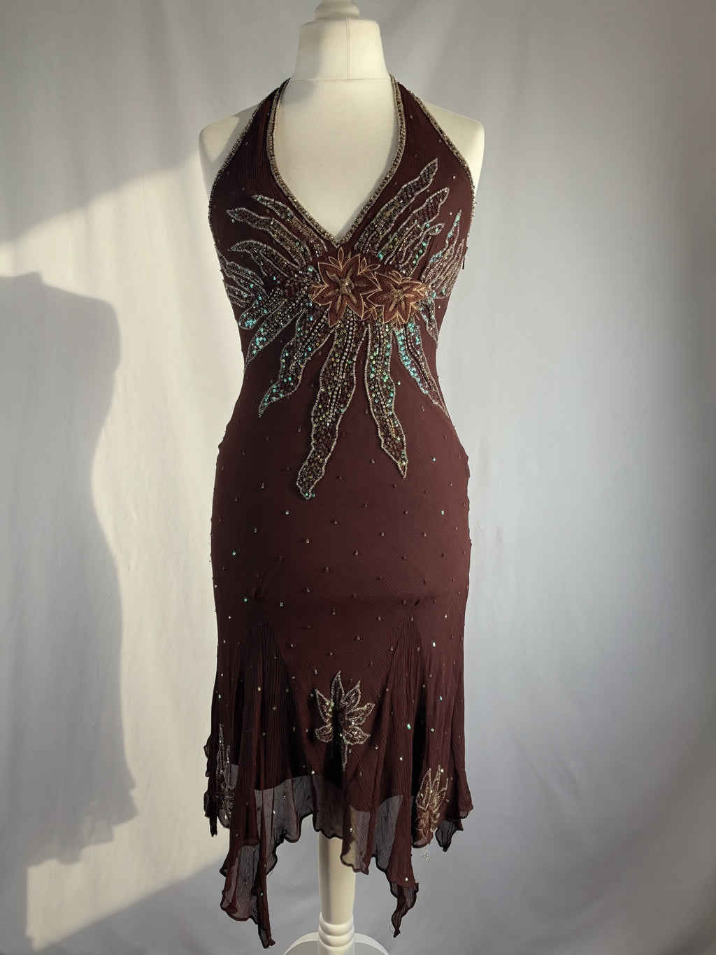Brown aftershock silk midi dress embellished with sequins