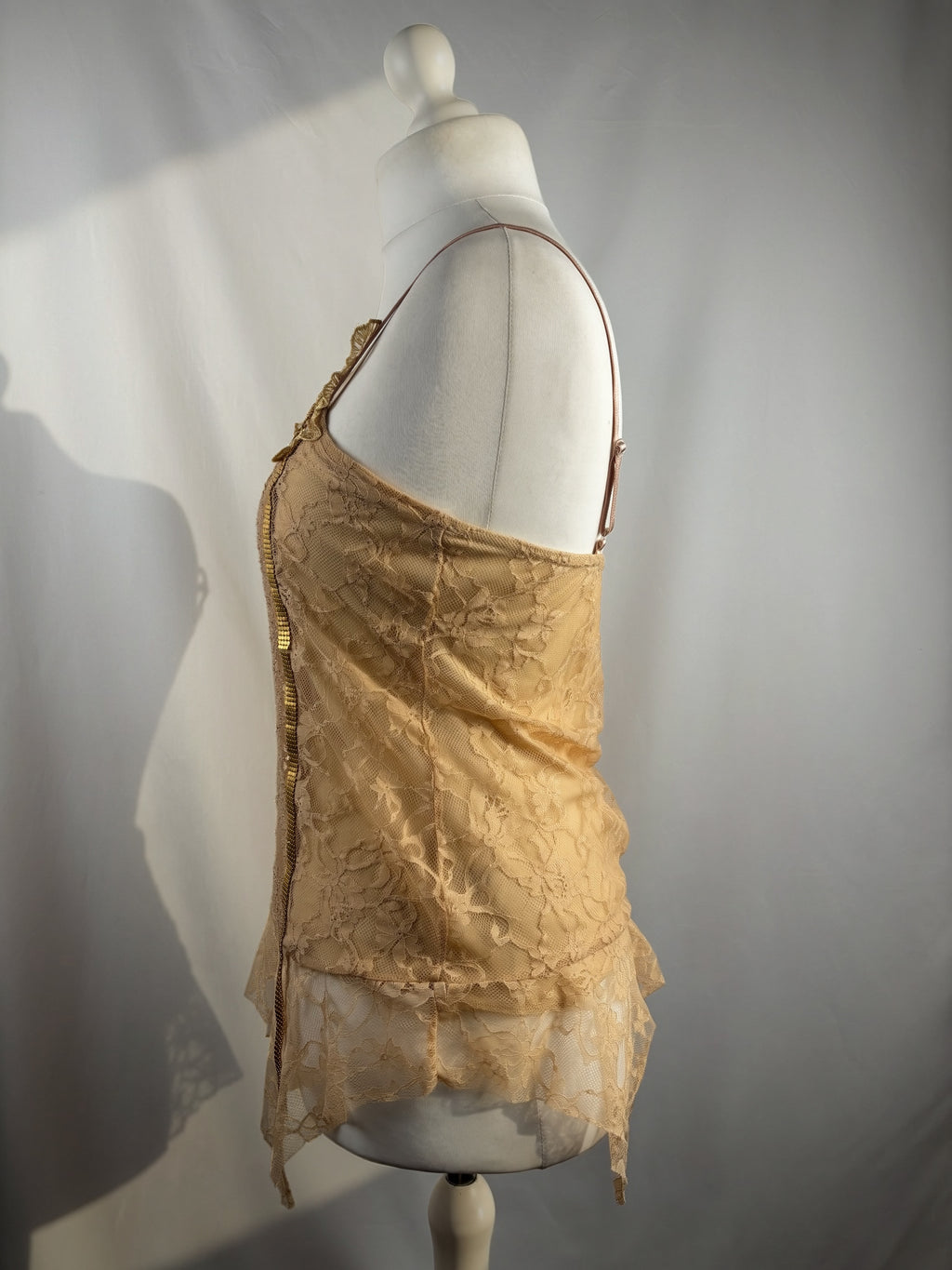 Golden asymmetric lace cami with embellished sequins