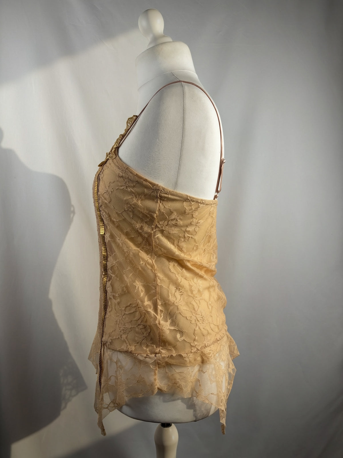 Golden asymmetric lace cami with embellished sequins
