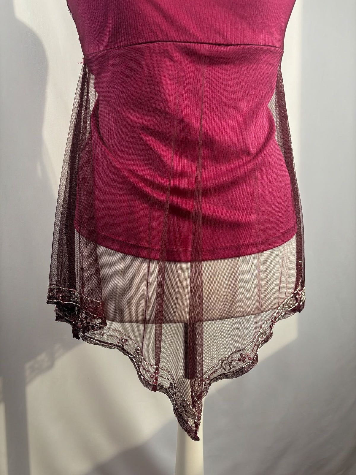 Purple beaded mesh asymmetric fairy cami