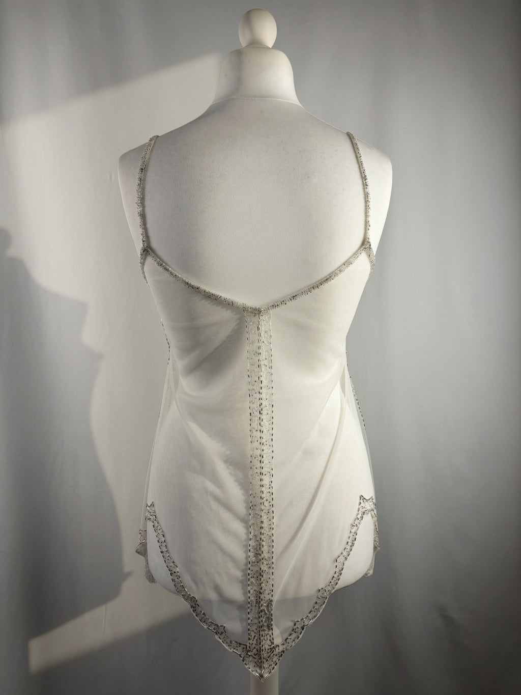 White beaded sheer asymmetrical fairy cami