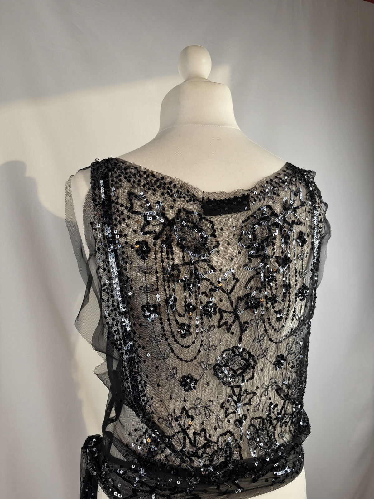 Black sheer silk side tie top embellished with sequins