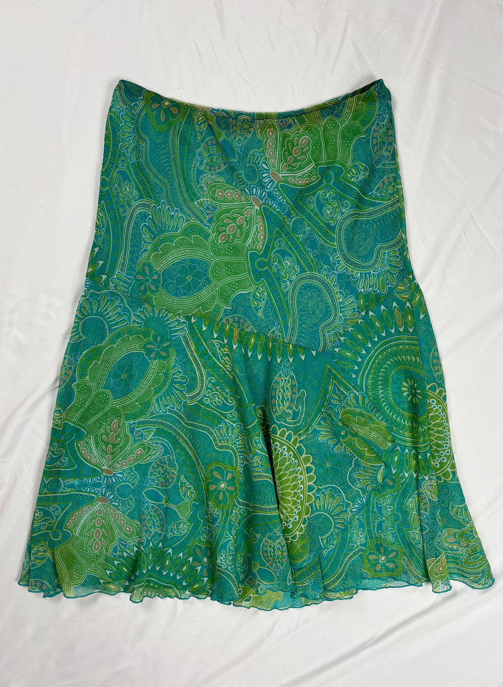 Green and blue tropical ruffle detailed midi skirt