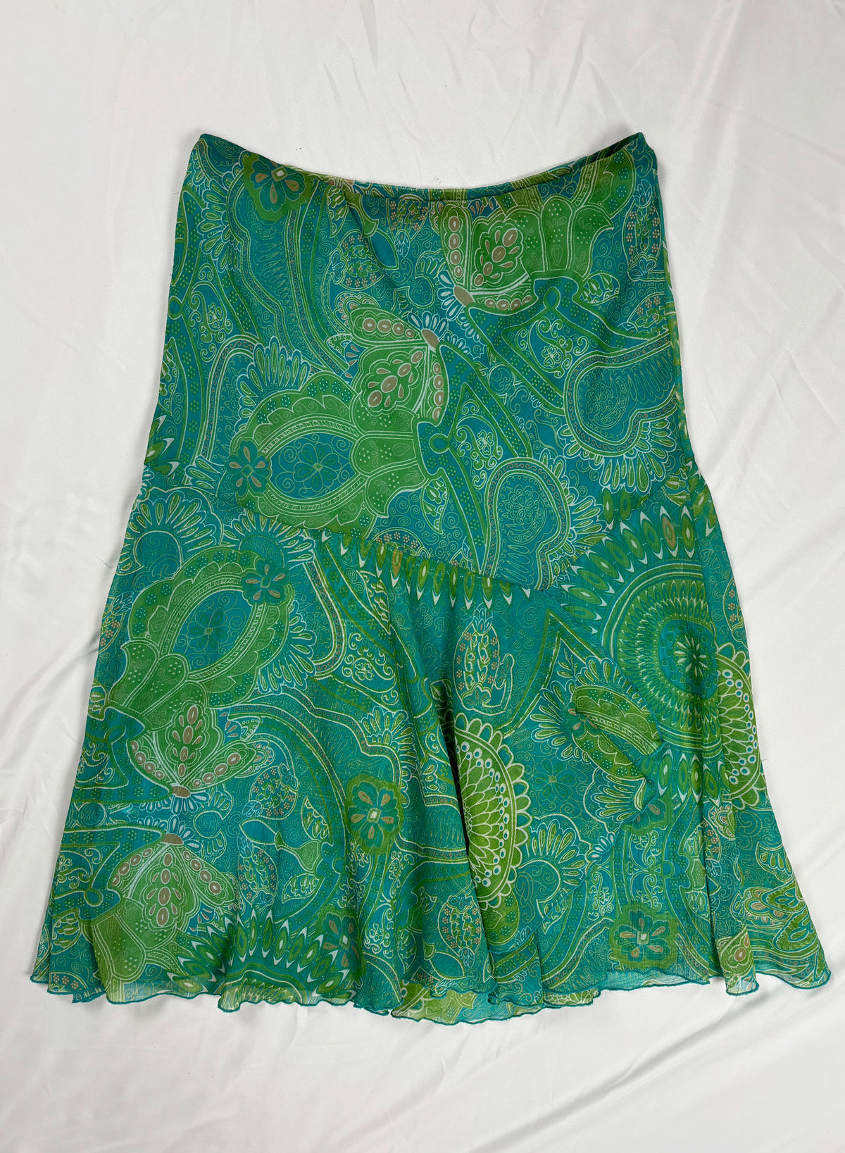 Green and blue tropical ruffle detailed midi skirt