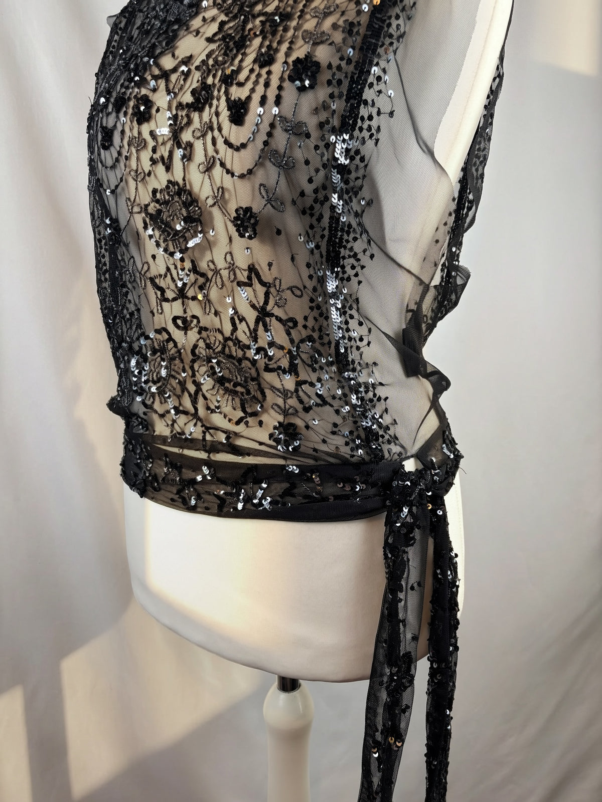 Black sheer silk side tie top embellished with sequins