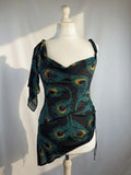 Black sheer silk peacock detailed cross back top with embellishments
