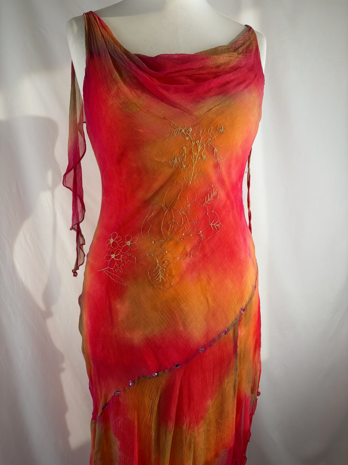 Autumnal ombré asymmetric mini dress with mirrored gem embellishments