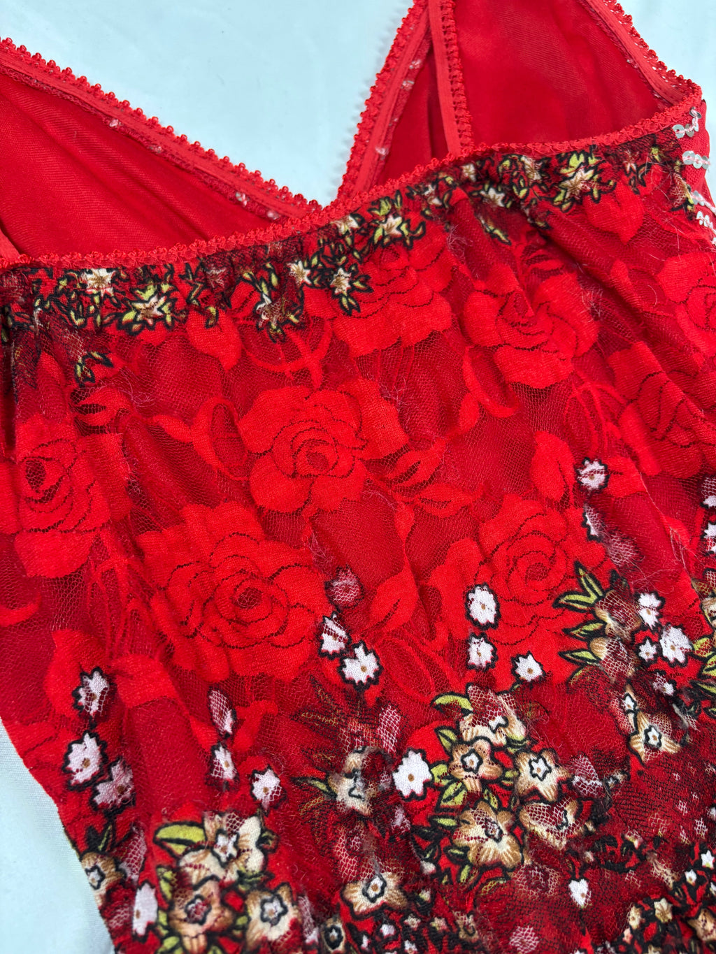 Red lace asymmetric fairy mini dress with sequin details