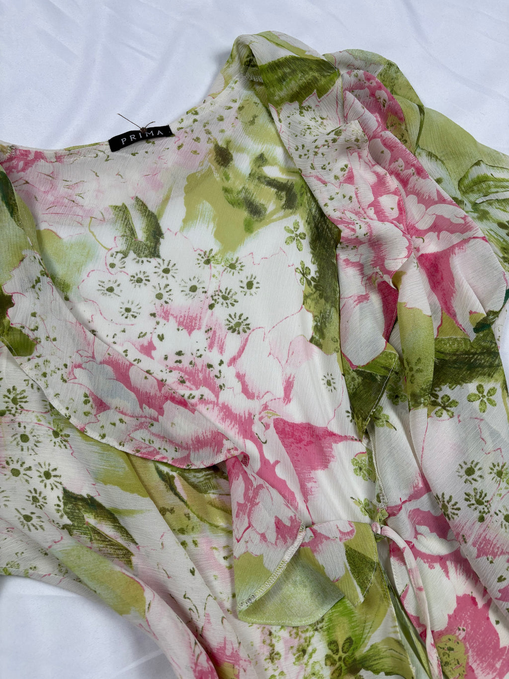 Pink and green floral ruffle tie front cardigan