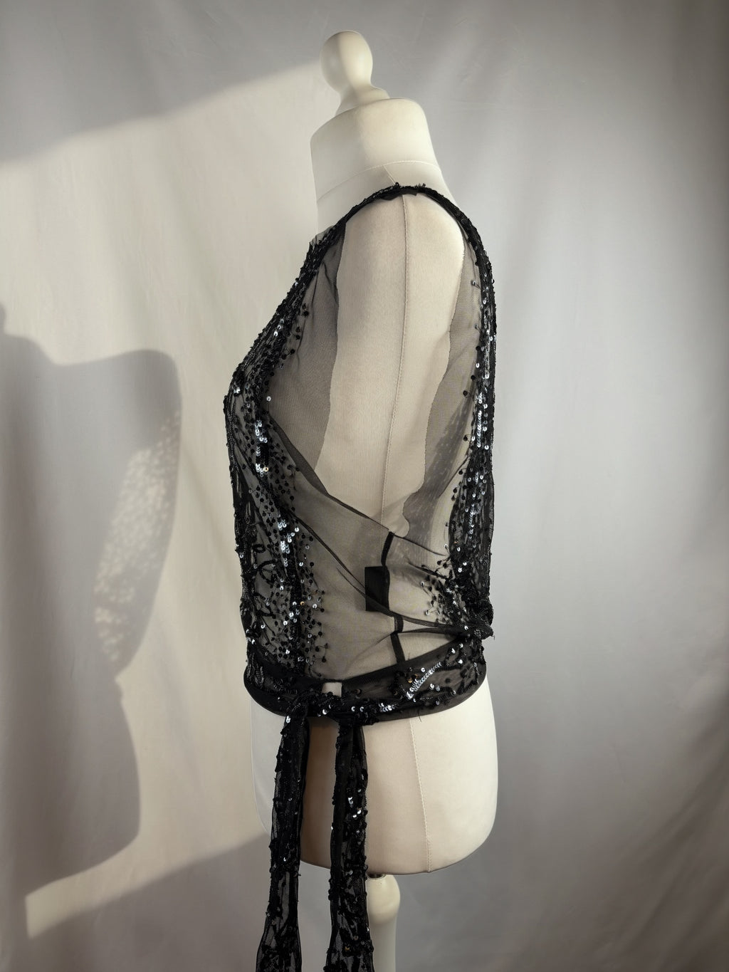 Black sheer silk side tie top embellished with sequins