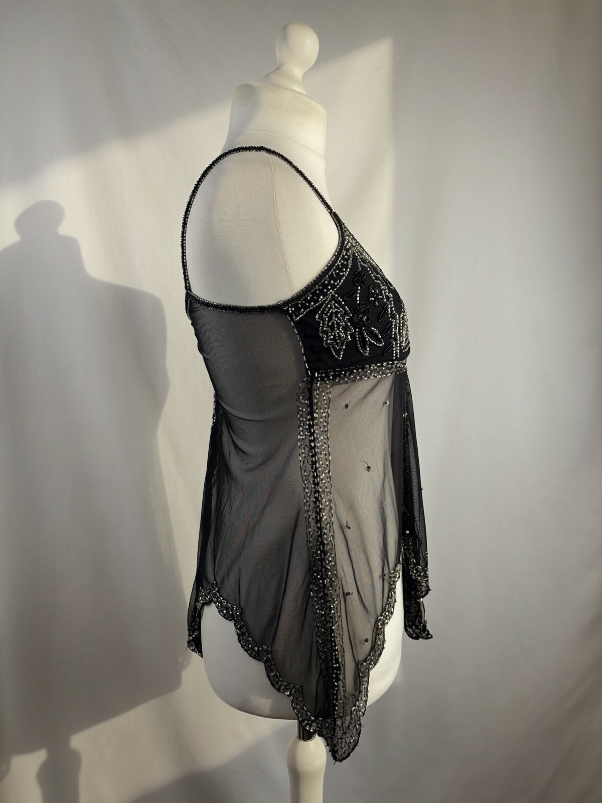 Sheer black beaded asymmetrical fairy cami