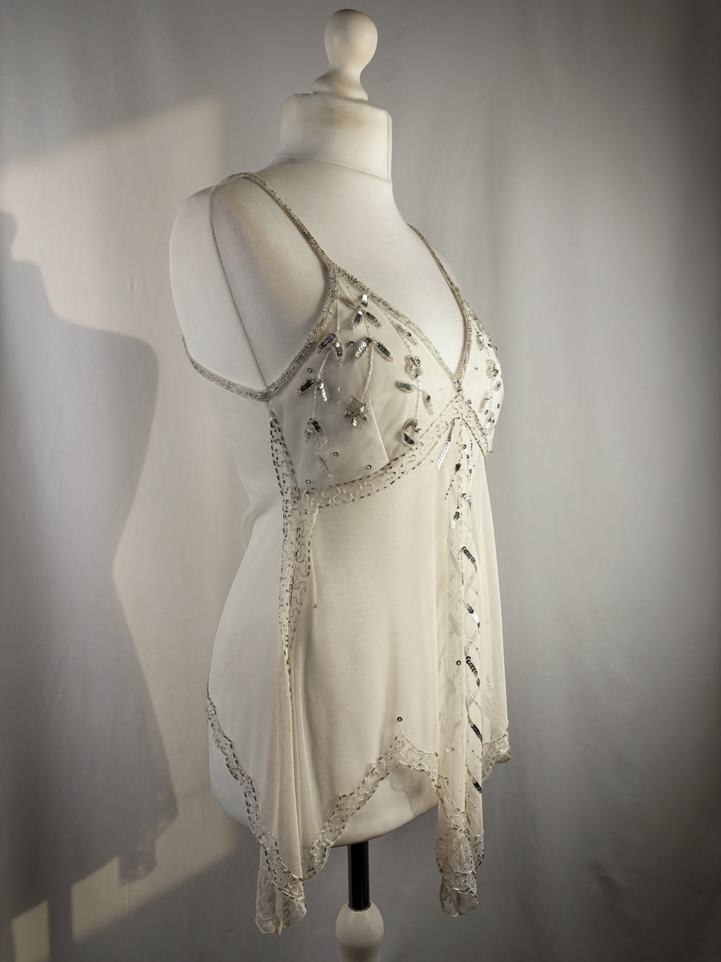 White beaded sheer asymmetrical fairy cami