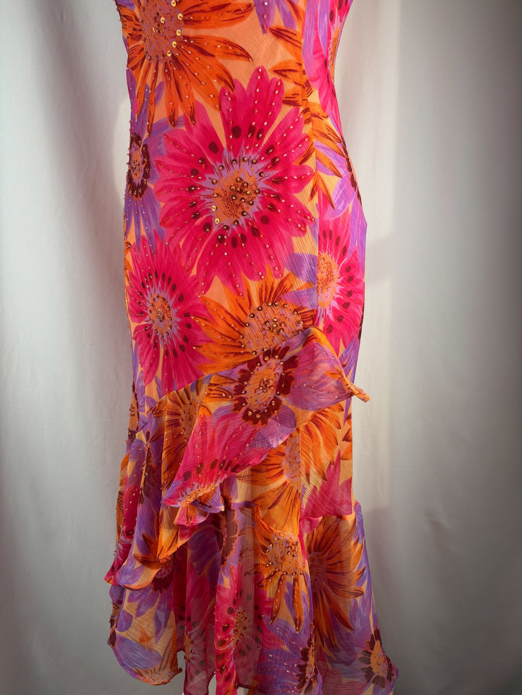 Sunflower ruffle maxi dress embellished throughout with sequins