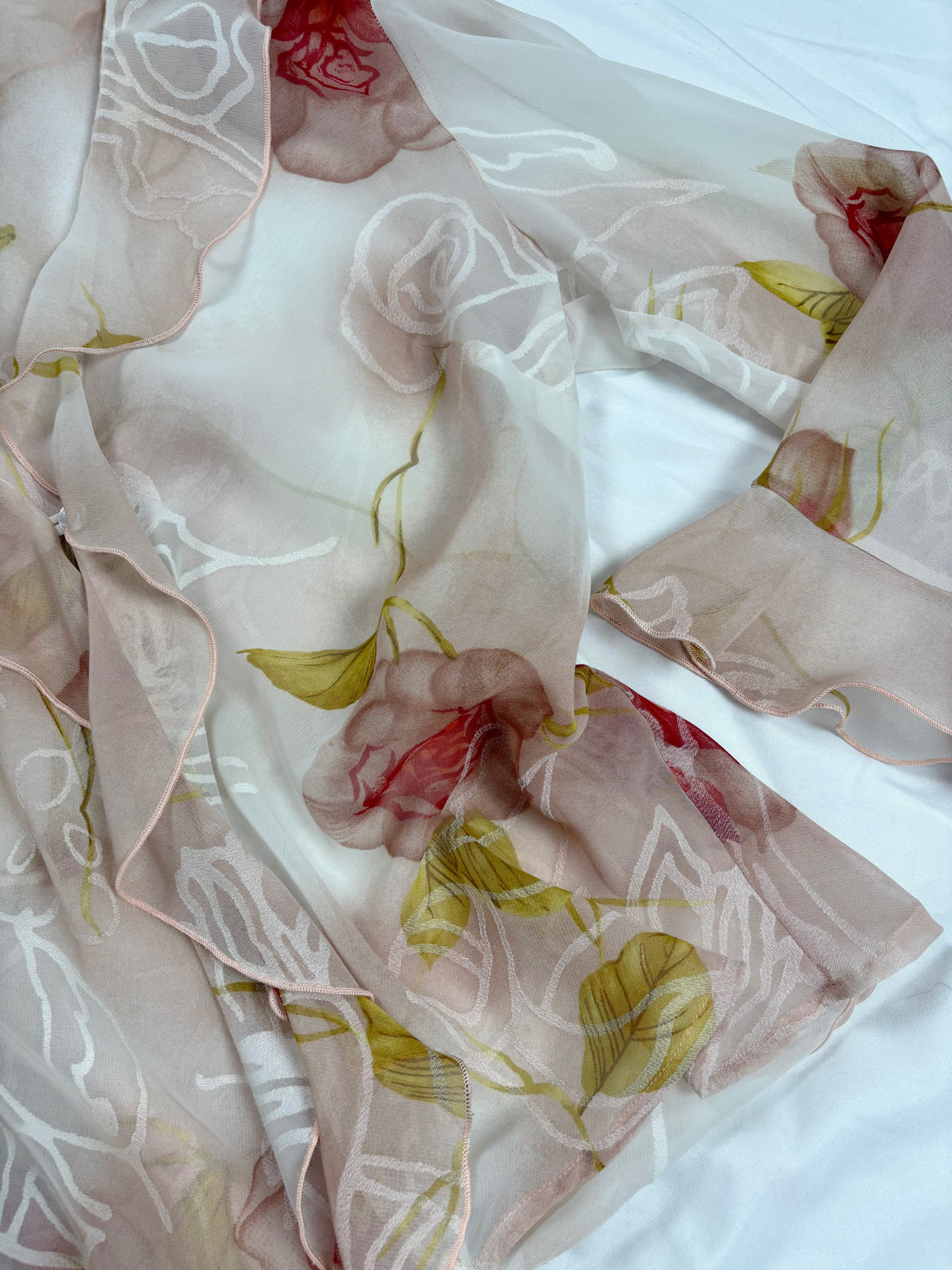 Sheer blush ombré floral button up ruffle cardigan