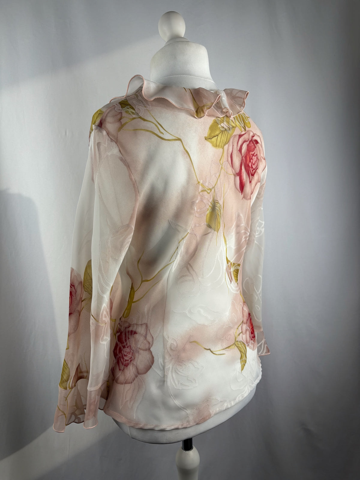 Sheer blush ombré floral button up ruffle cardigan