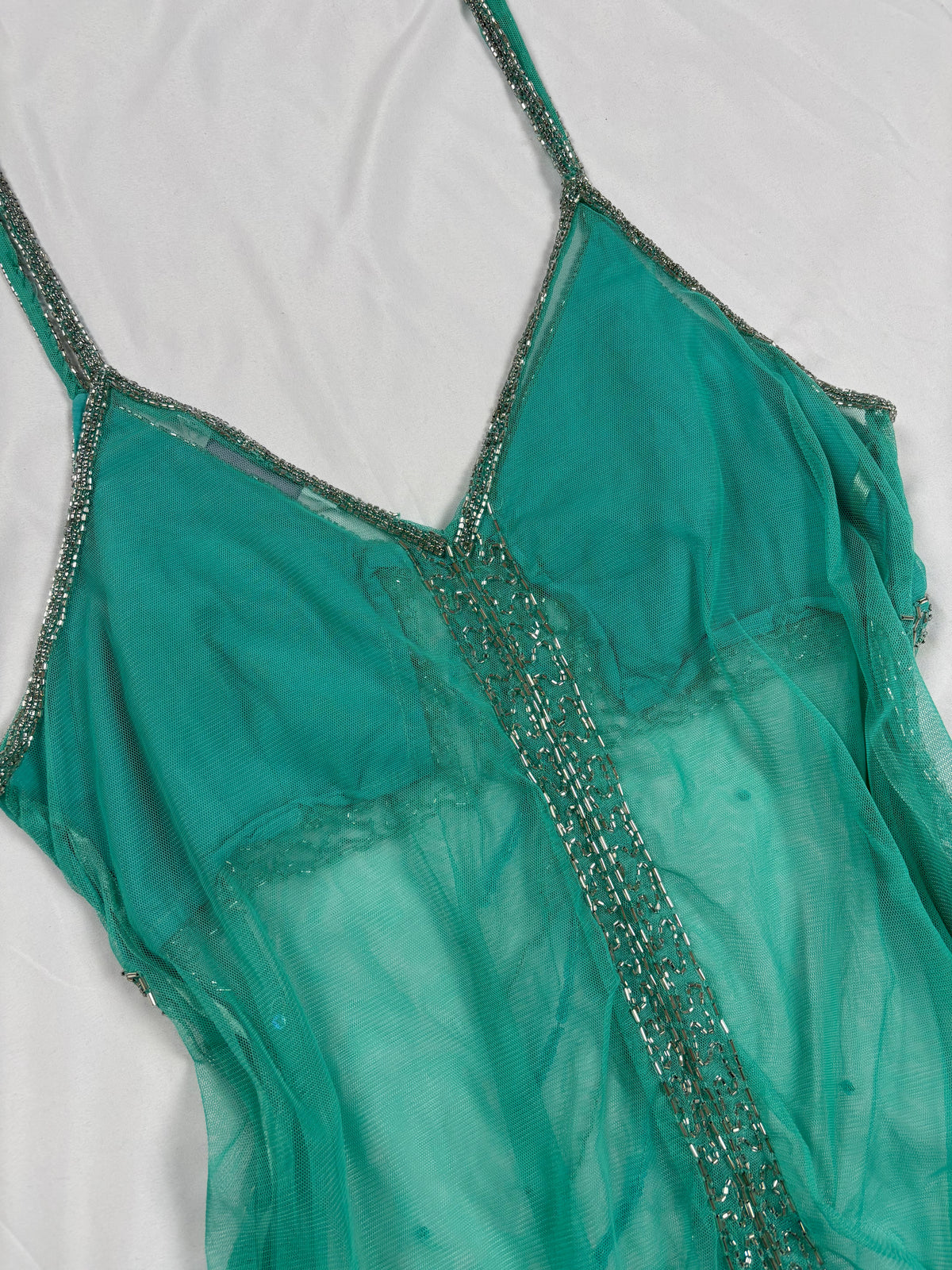 Bright blue sheer beaded peacock detailed fairy cami