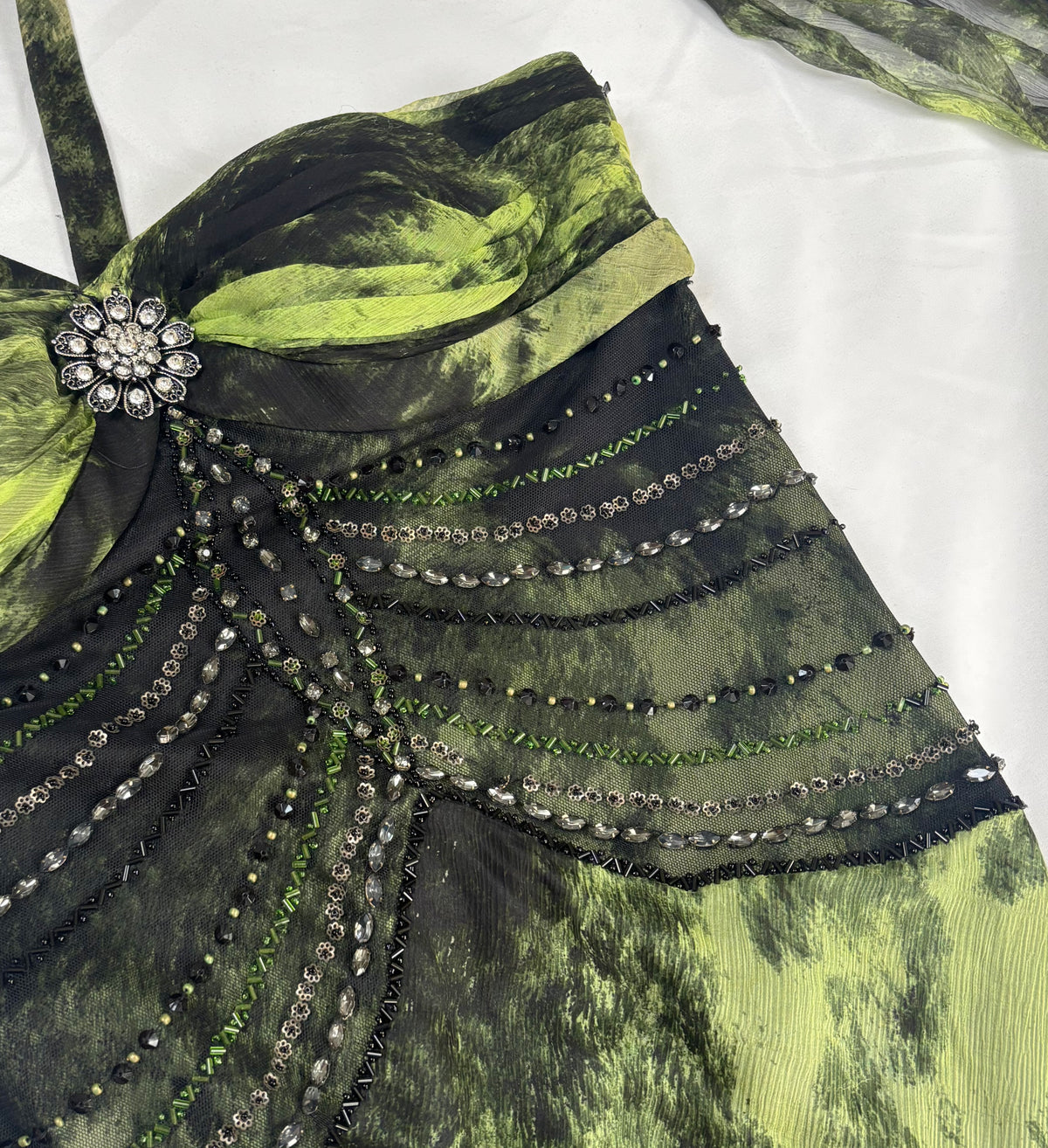 Black and green silk asymmetric beaded halterneck dress with shawl