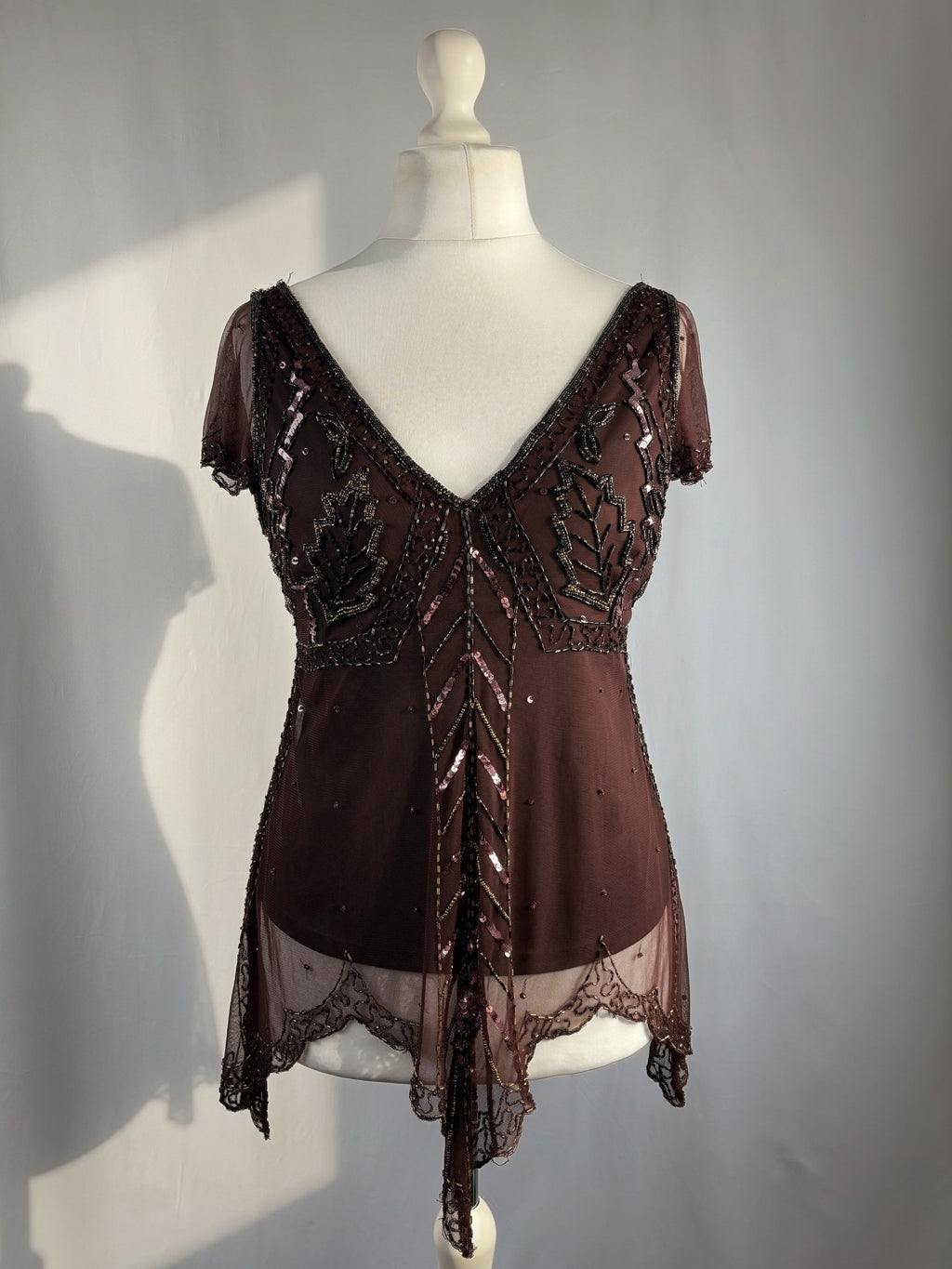 Chocolate brown asymmetrical mesh fairy top with v-neckline