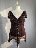 Chocolate brown asymmetrical mesh fairy top with v-neckline
