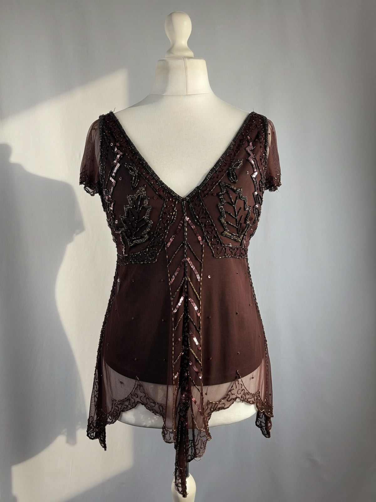Chocolate brown asymmetrical mesh fairy top with v-neckline