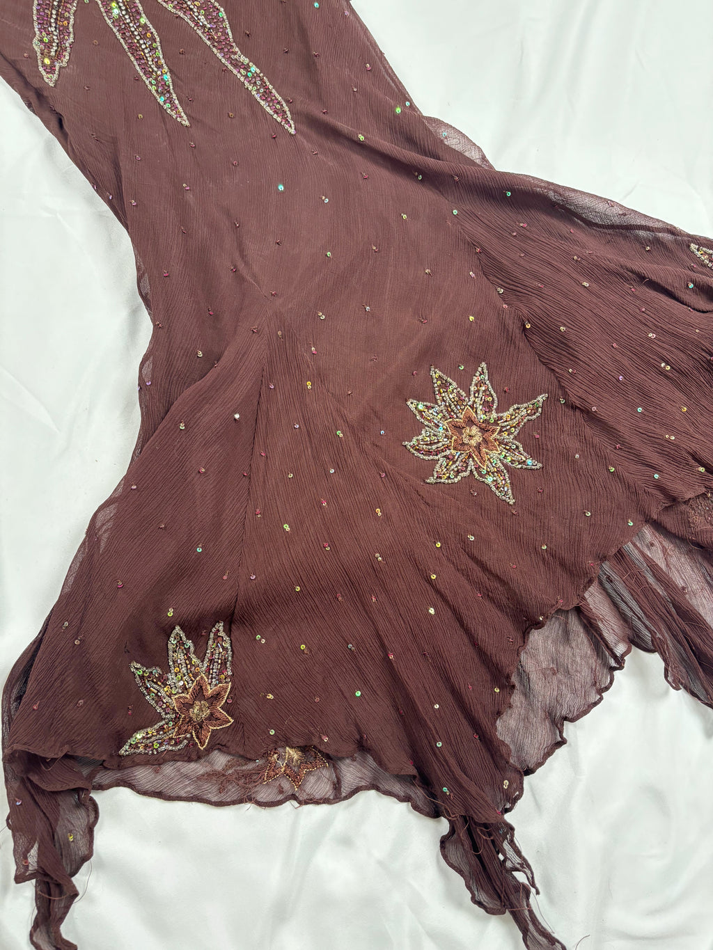 Brown aftershock silk midi dress embellished with sequins