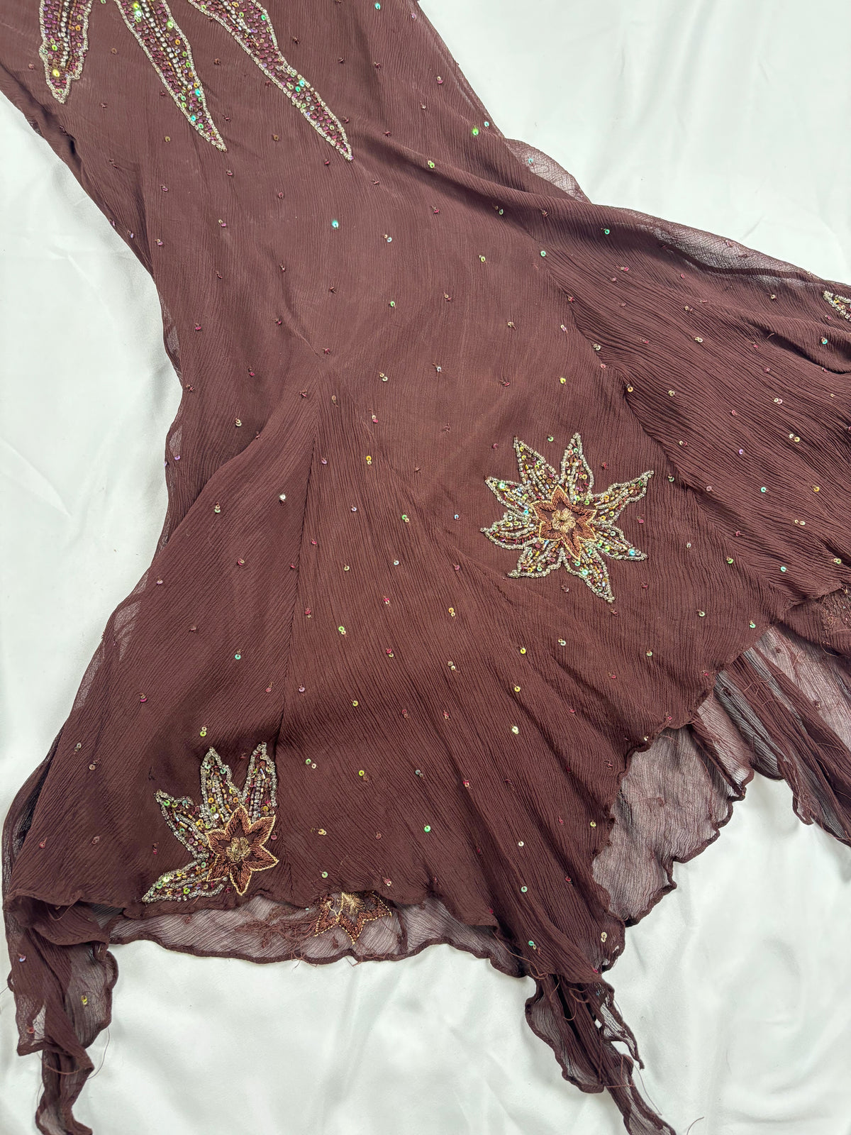 Brown aftershock silk midi dress embellished with sequins