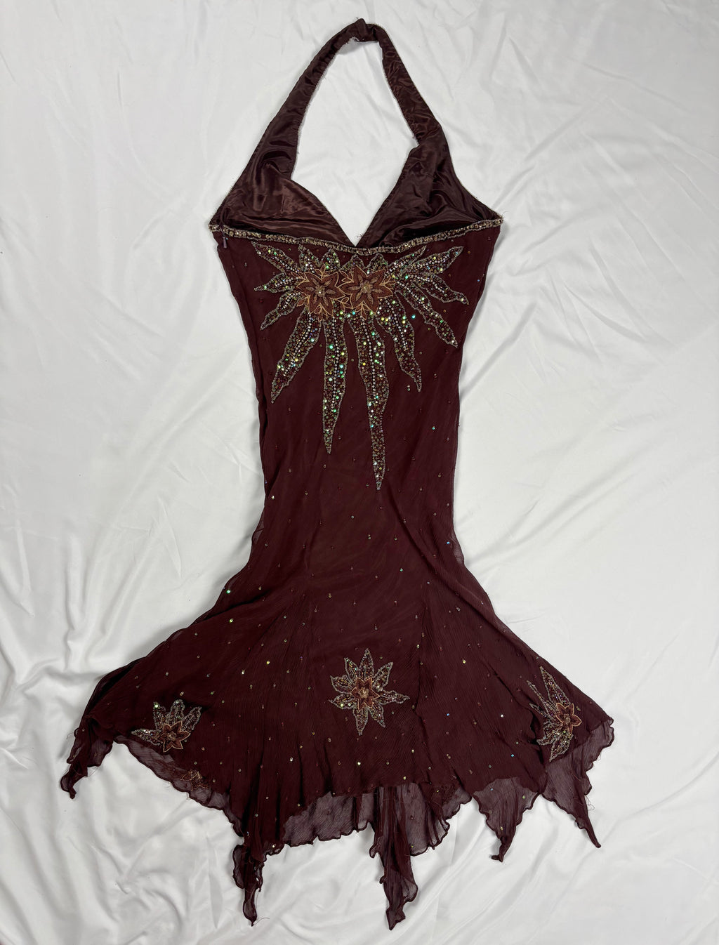 Brown aftershock silk midi dress embellished with sequins