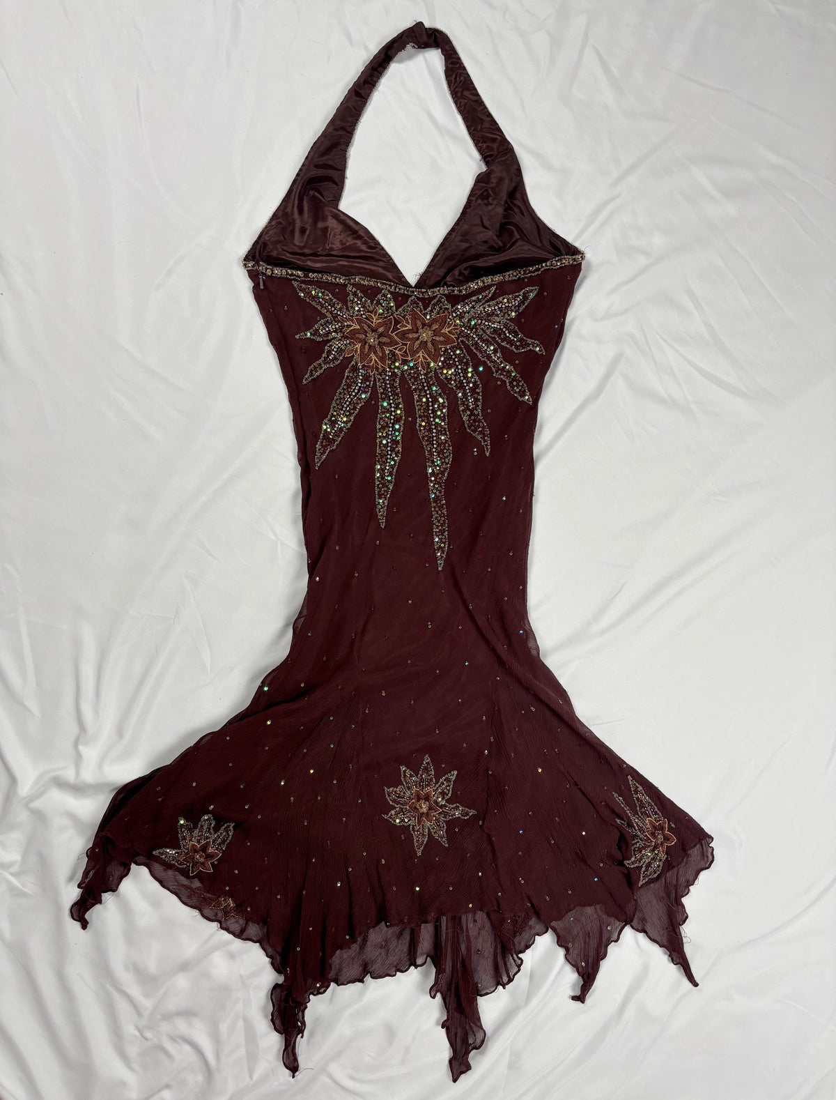 Brown aftershock silk midi dress embellished with sequins