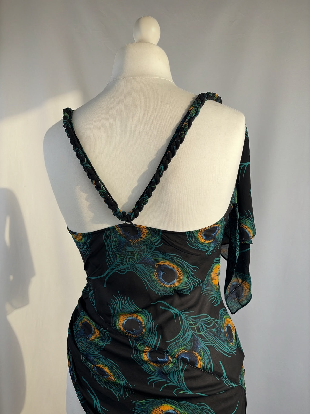 Black sheer silk peacock detailed cross back top with embellishments