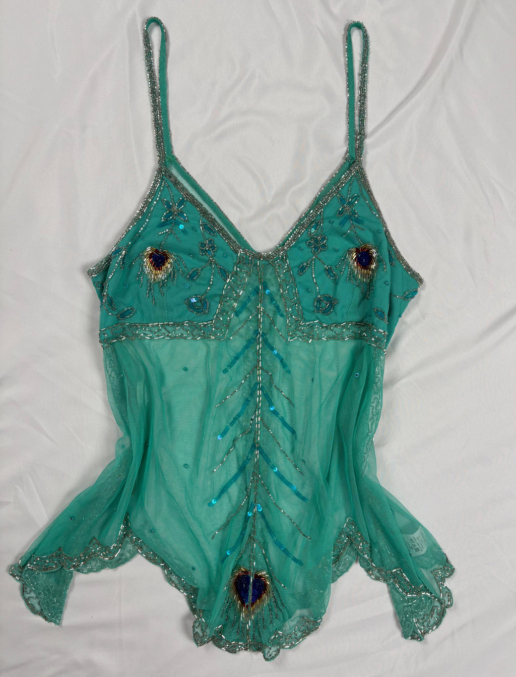 Bright blue sheer beaded peacock detailed fairy cami