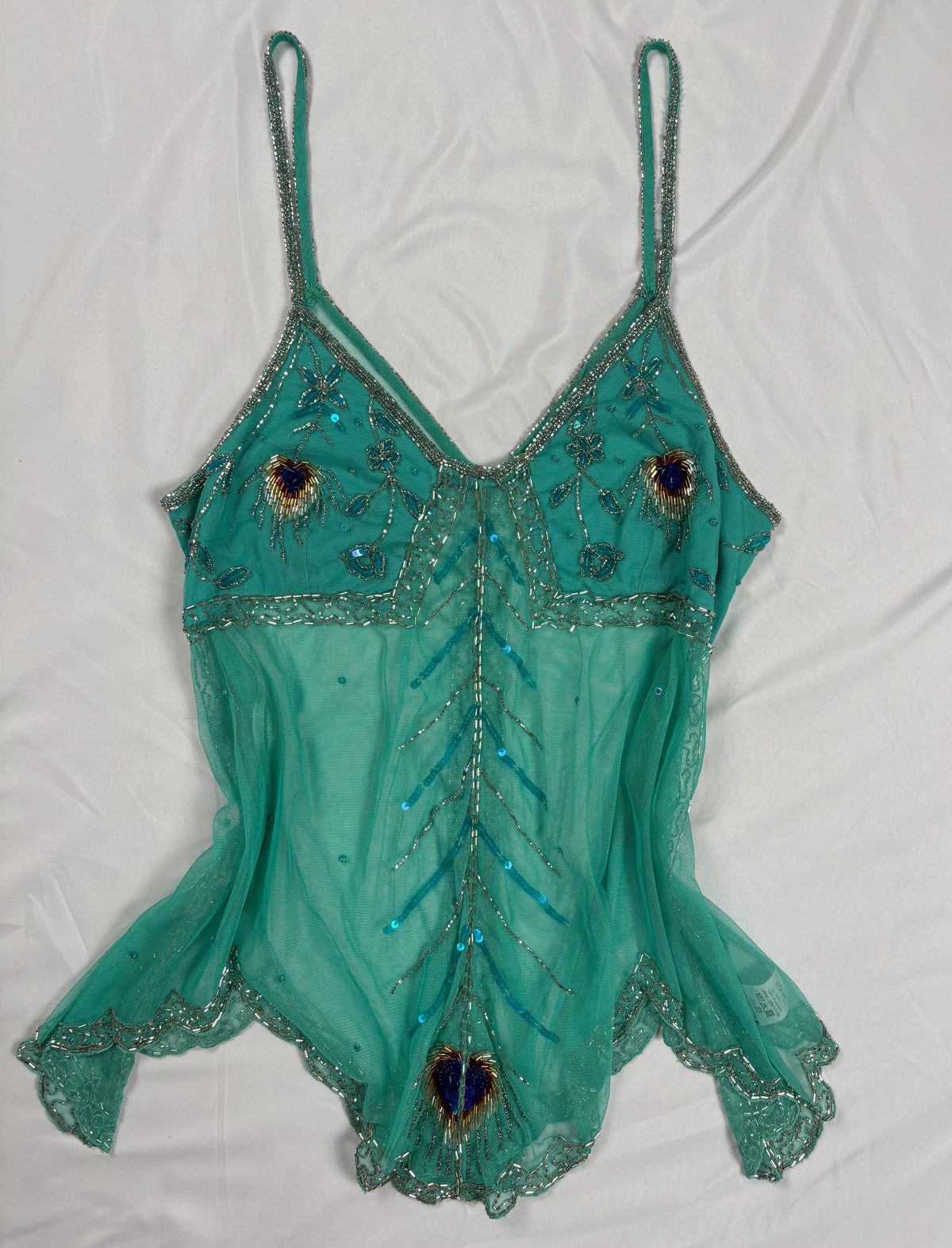 Bright blue sheer beaded peacock detailed fairy cami