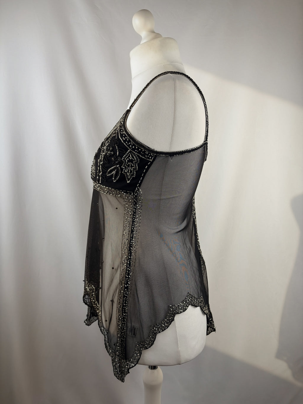Sheer black beaded asymmetrical fairy cami