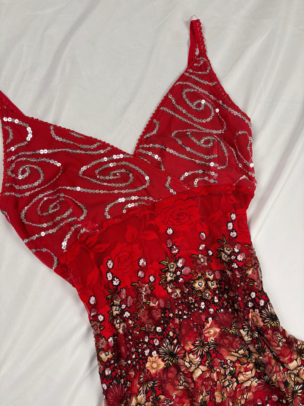 Red lace asymmetric fairy mini dress with sequin details