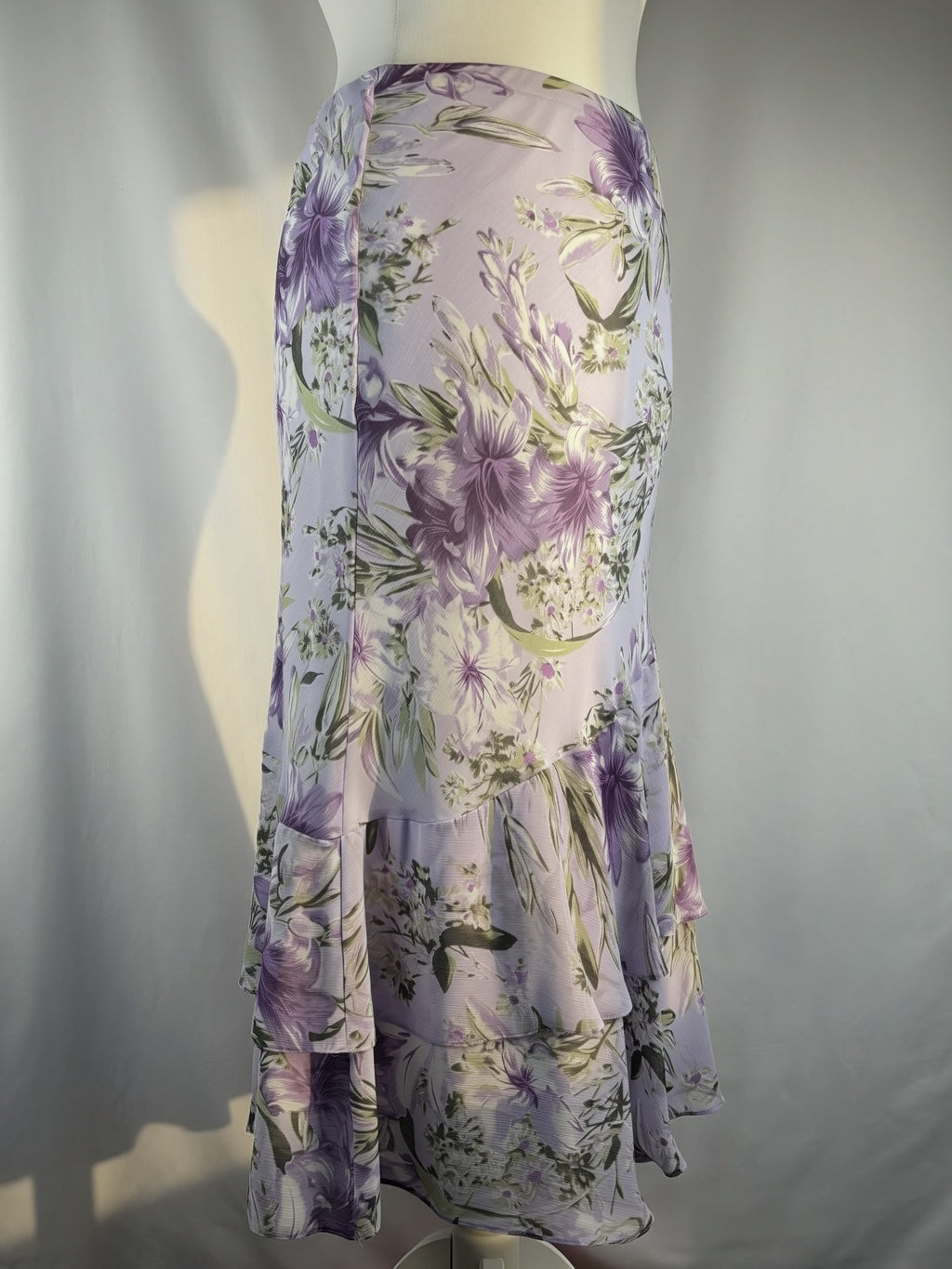 Lilac and green floral print ruffle skirt
