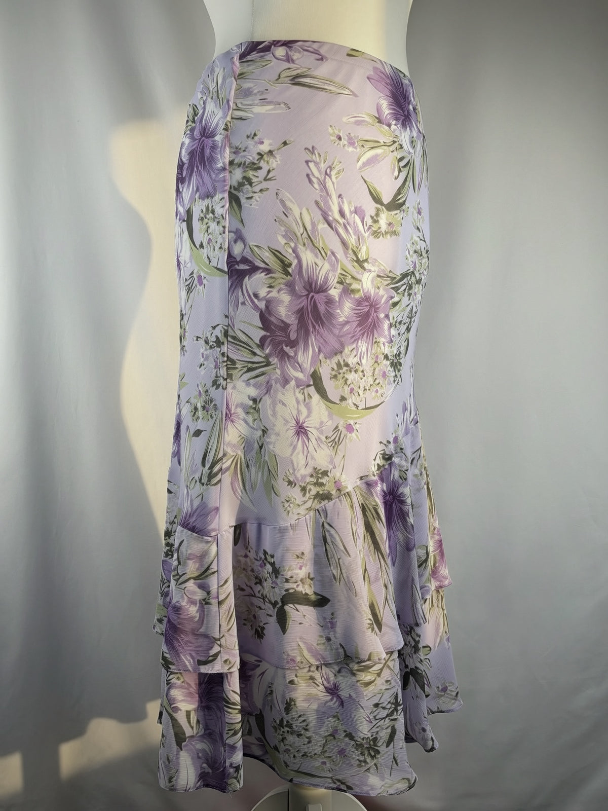 Lilac and green floral print ruffle skirt