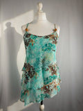 Blue and brown floral tiered ruffle cami with wooden bead details