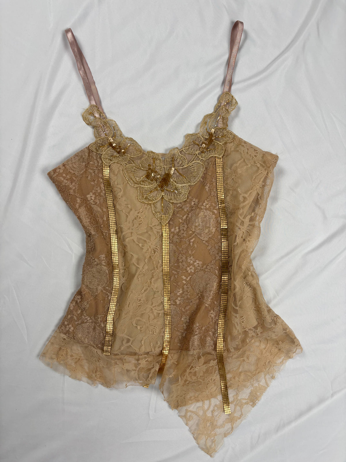 Golden asymmetric lace cami with embellished sequins