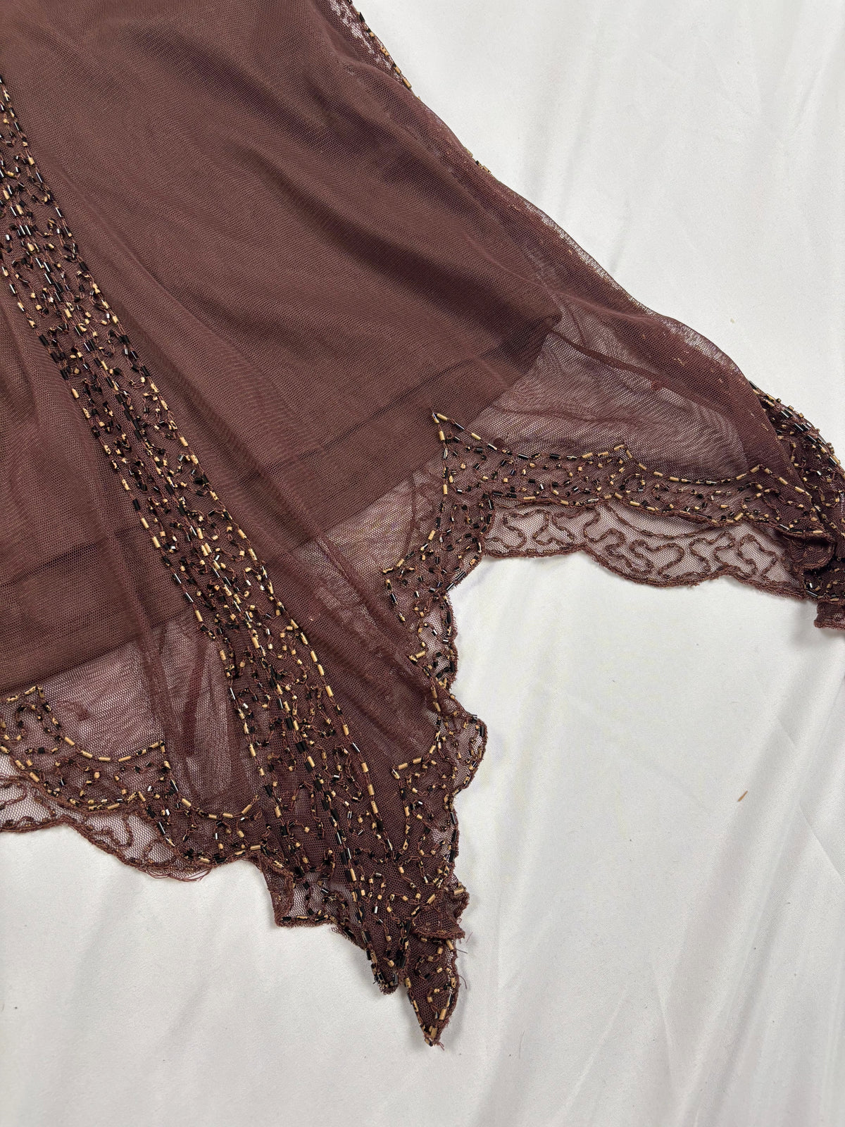 Chocolate brown asymmetrical mesh fairy top with v-neckline