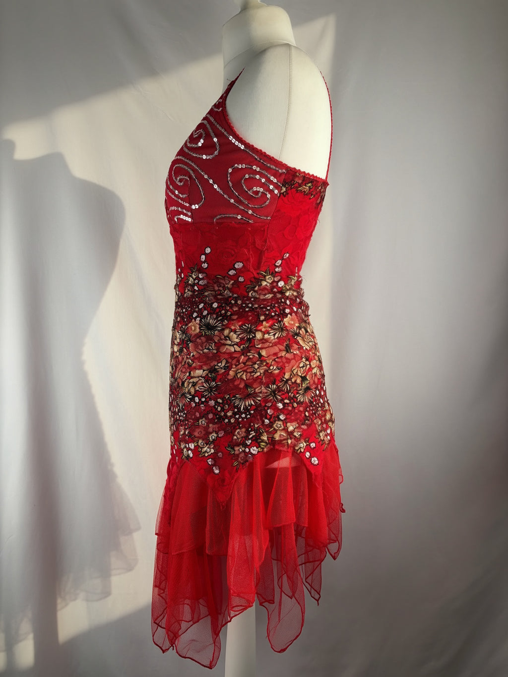 Red lace asymmetric fairy mini dress with sequin details