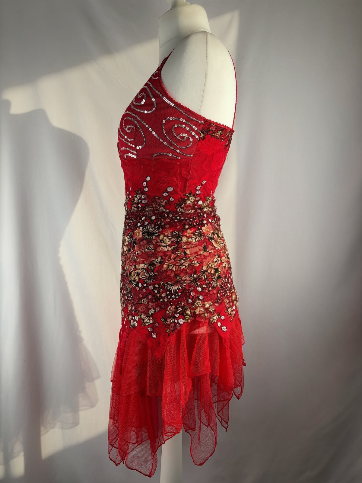 Red lace asymmetric fairy mini dress with sequin details