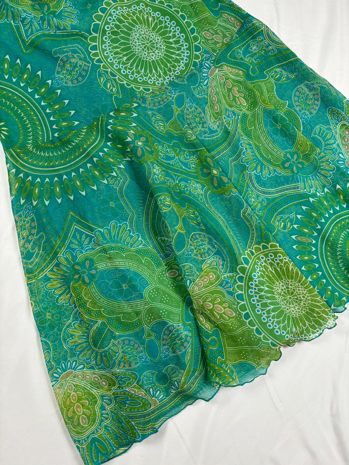Green and blue tropical ruffle detailed midi skirt