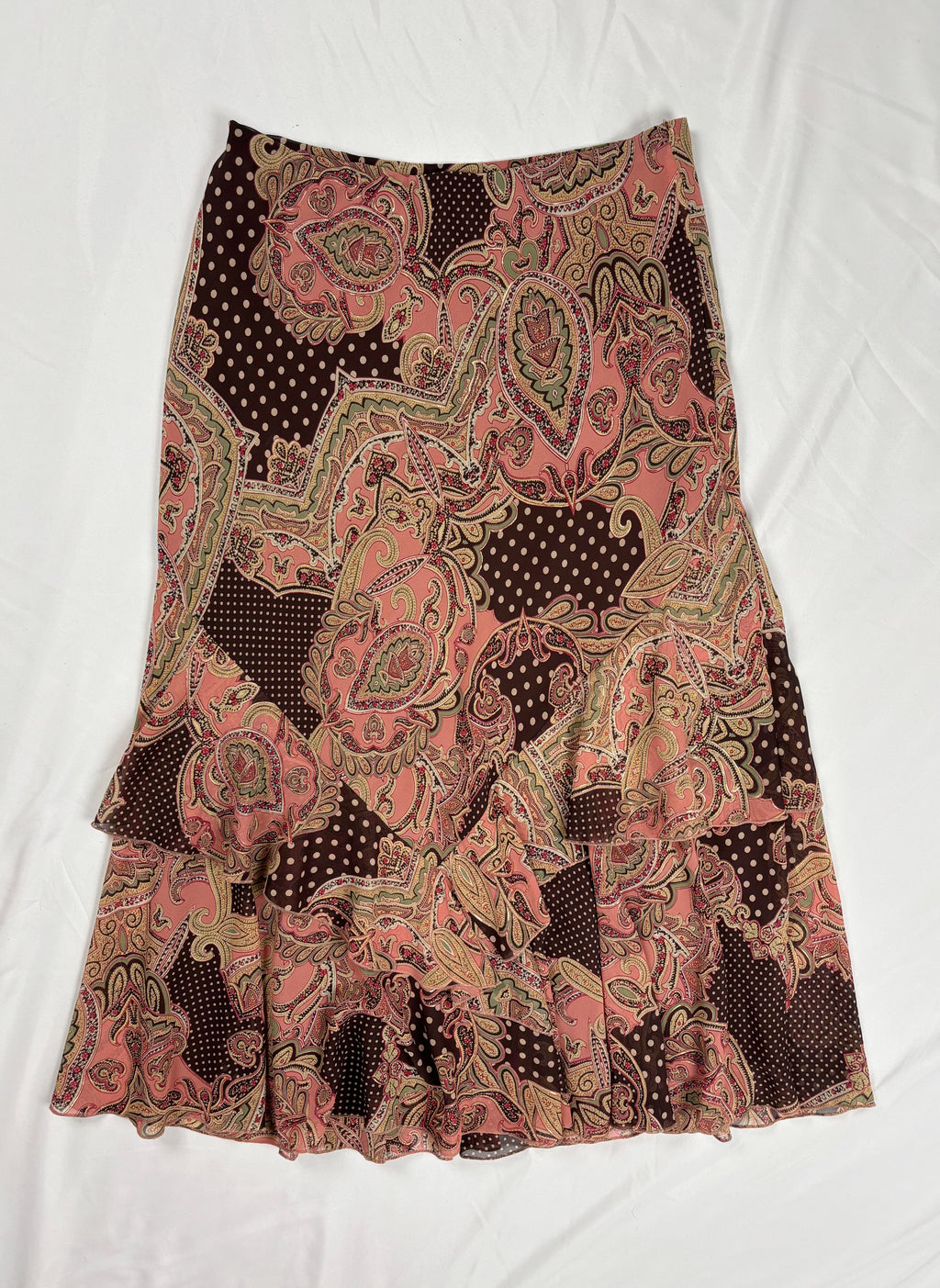 Brown and pink mixed print ruffle maxi skirt