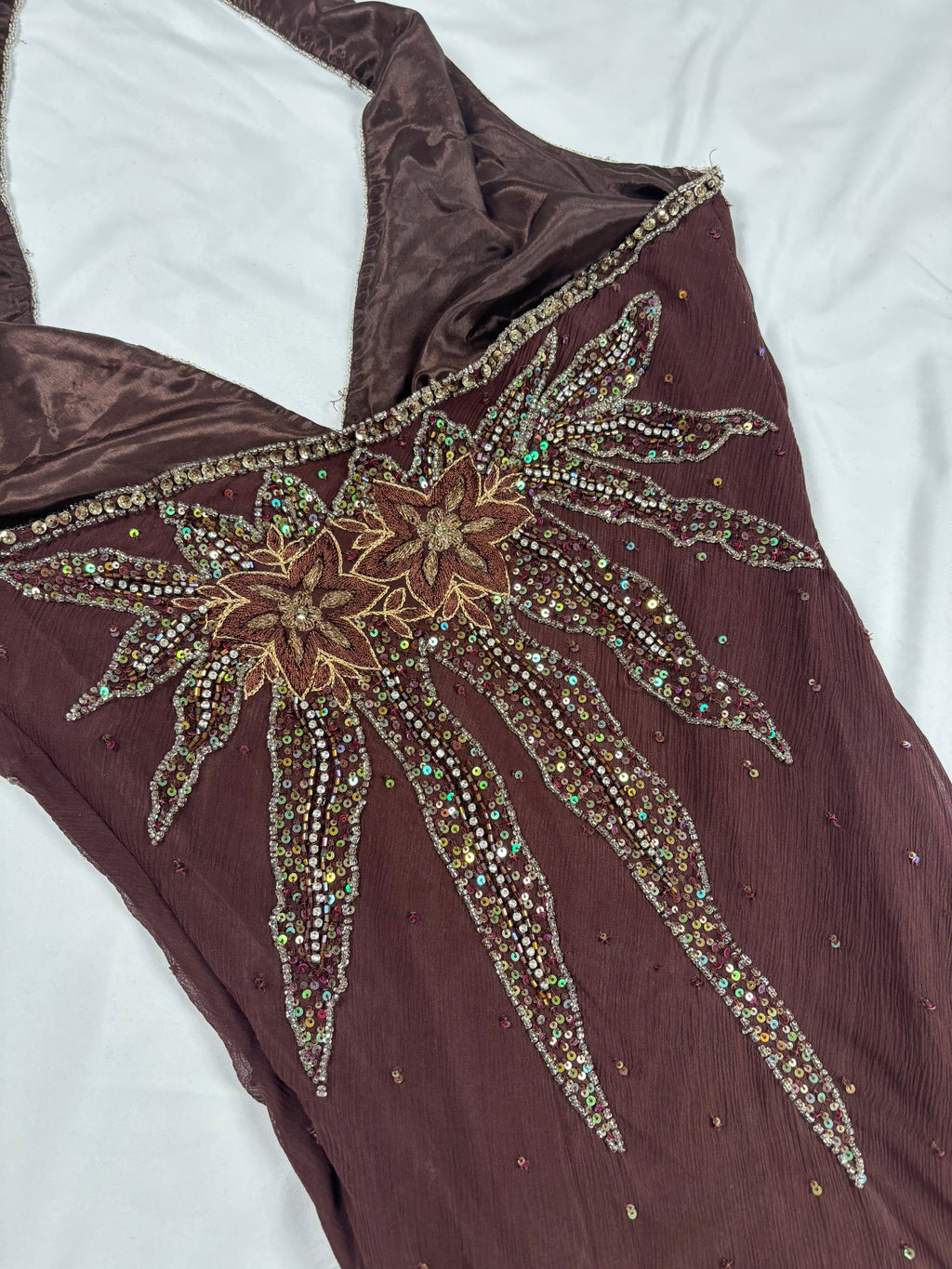 Brown aftershock silk midi dress embellished with sequins